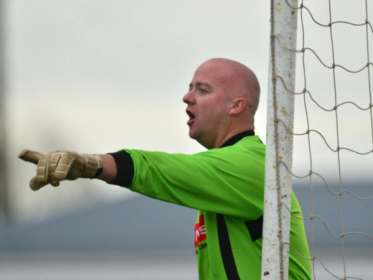 Castle Villa goalkeeper Alan Proctor against Liffey Celtic in the Kildare & District Football League CR Wynne Feeds Senior Dvision game at Mullarkey Park.