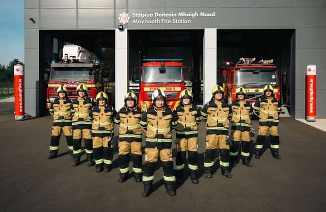 Photo shows firefighters with new PPE at Maynooth Fire Station