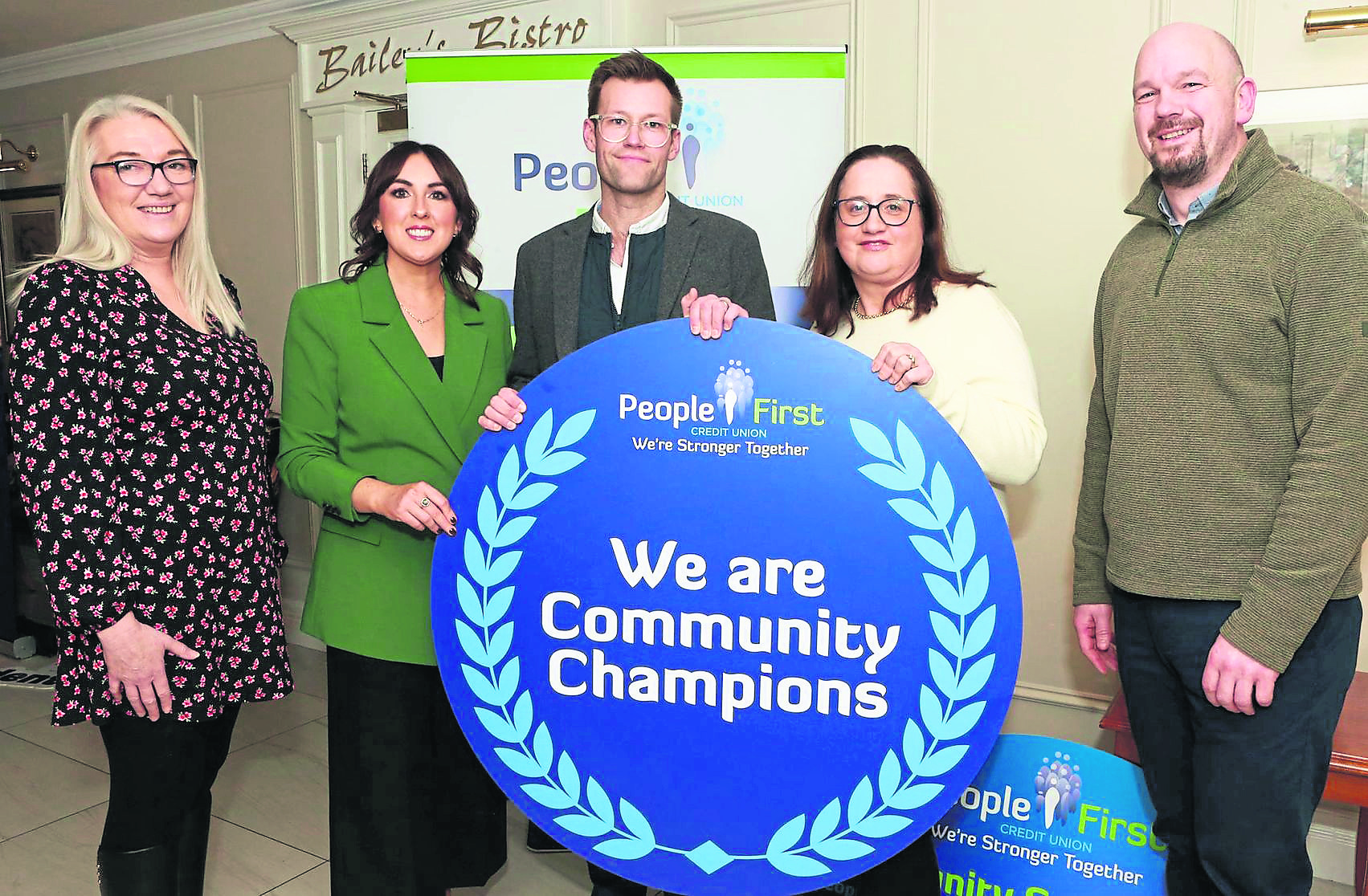 Carol Murphy, People First Credit Union with the2025 Community Champions winners Ballinakill Community Development members Alex Caraffi & Sandra Lacey with  Majella Moore & Dan Bergin (Laois PPN).