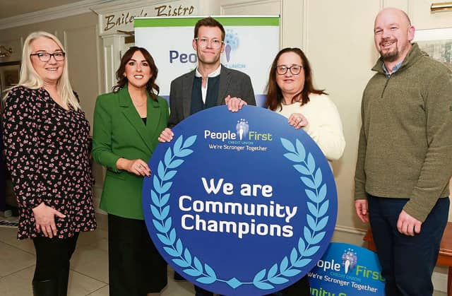 Carol Murphy, People First Credit Union with the2025 Community Champions winners Ballinakill Community Development members Alex Caraffi & Sandra Lacey with Majella Moore & Dan Bergin (Laois PPN).