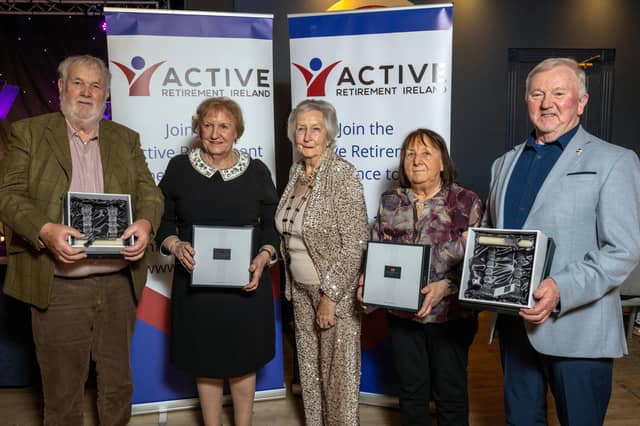 Active Retirement Ireland President Mai Quaid and small bowls cup runners up, Balyna 1 team members Christy Colgan, Margaret Colgan, Kathleen Marsh and Eamonn Leonard. Pic: Don MacMonagle
