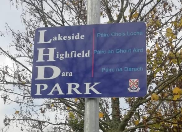 A sign highlighting the Lakeside Park / Dara Park / Highfield estates in Newbridge