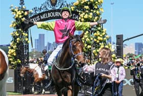Robbie Dolan on the back of Knight's Choice after winning the Lexus Melbourne Cup at Flemington Racecourse on November 05, 2024 in Flemington, Photo by Reg Ryan Racing