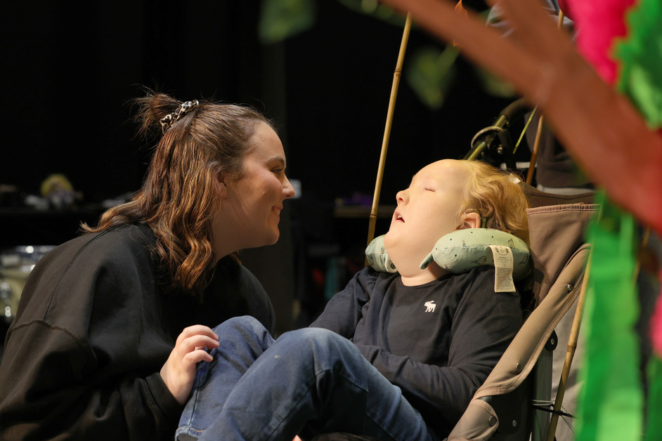 Becky Lyttleton, Community Staff Nurse at LauraLynn with Oscar, age 8, on stage at LauraLynn at the Abbey Theatre in a unique production. Picture: Jason Clarke