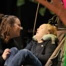 Becky Lyttleton, Community Staff Nurse at LauraLynn with Oscar, age 8, on stage at LauraLynn at the Abbey Theatre in a unique production. Picture: Jason Clarke