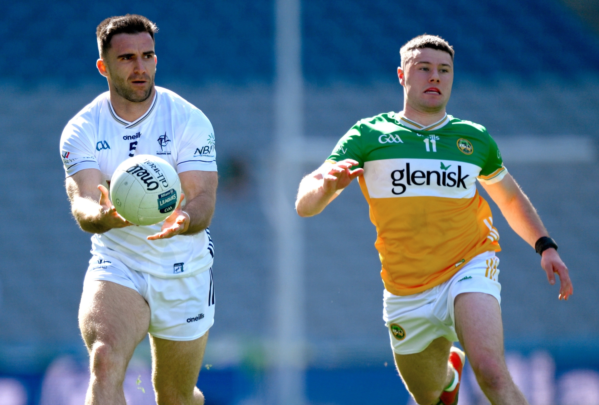 Ryan Houlihan of Kildare in action against Cathal Flynn of Offaly during the Allianz Football League Division 3 final match at Croke Park in Dublin. Photo by Ray McManus/SF
