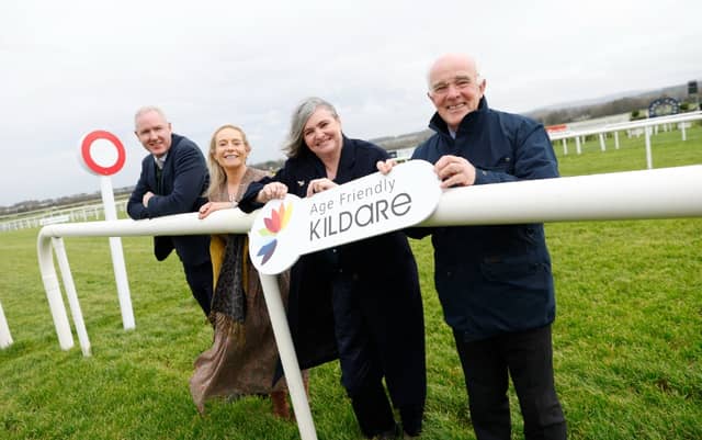 Julien Behal pictured at Naas Racecourse with (L-R) Aidan McGarry General Manager ,Carmel Cashin, Kildare Age Friendly Programme Manager, Sonya Kavanagh, Kildare County Council and Ted Walsh