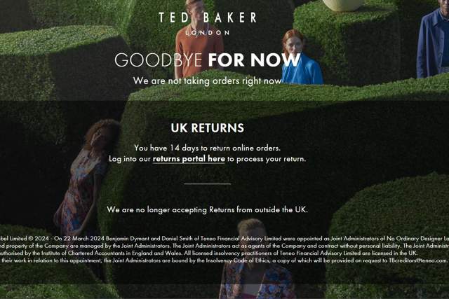 The Ted Baker website is also closed, displaying a message that reads "we are not taking orders right now" and directing customers to their returns portal.