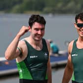 Philip Doyle and Daire Lynch of Team Ireland celebrate after winning bronze in the men's double sculls A final during the 2024 Paris Summer Olympic Games. Photo: Stephen McCarthy/Sportsfile