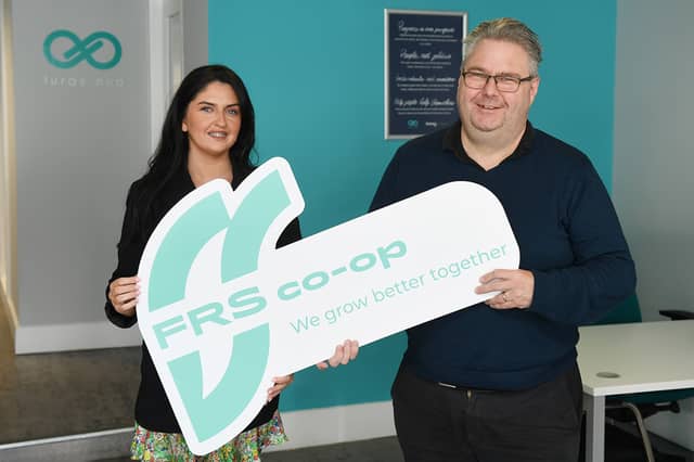 Roisin Kelly and Noel Synnott welcoming the new FRS Co-Op brand at the Turas Nua office in Naas. Photograph provided by Jimmy Healy, Cogency.