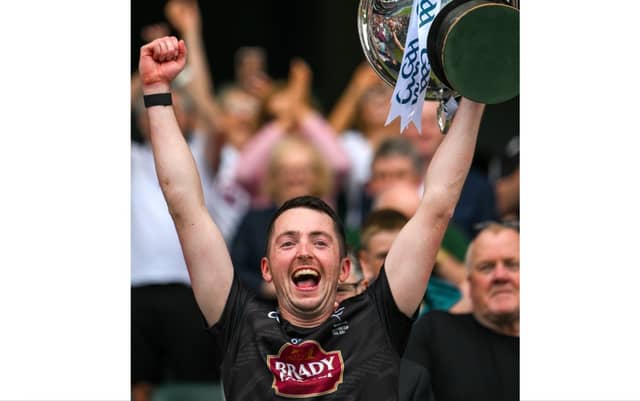 Kildare goalkeeper Paddy McKenna lifts the cup after the Christy Ring Cup final match between Kildare and Derry at Croke Park in Dublin. Photo by Ray McManus/Sportsfile