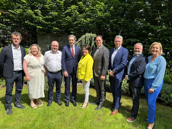 Taoiseach Simon Harris pictured in Clane with Fine Gael's Local Election candidates