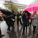 Lyra McKee’s sister Nichola Corner (left) and partner Sara Canning outside Laganside Court in Belfast (PA)