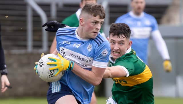 Allenwood Eoin Bagnall cuts inside the Ballyinan cover during the AIB Leinster GAA Intermediate Football Club Championship game played at Portlaoise