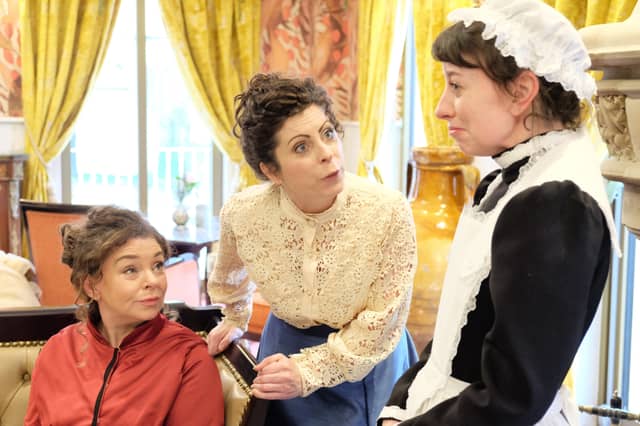 Claire (Rossagh Cusack) and Anna (Sarah Gallagher) chastise Anna’s maid Catherine (Laura Fleming), in the Moat Club’s production of Boston Marriage by David Mamet. Pic supplied.