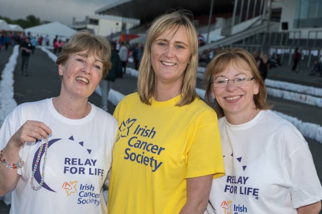 File Pic: Anne Smyth, Curragh, at the 2019 Relay for Life Fundraiser with the Irish Cancer Society, Carmel Murphy, and Carol Forde, Curragh.