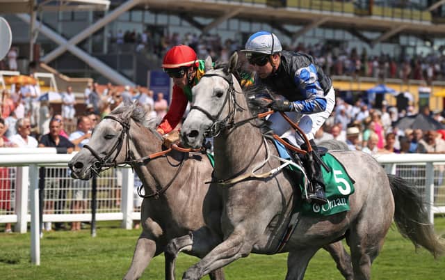 Ekleel Athbah winning the Royal Cavalry of Oman International Stakes (Group 2PA) at Newbury in 2022