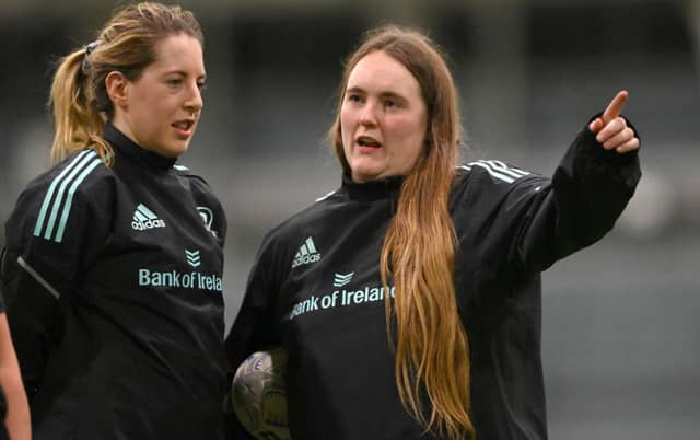 Emma Murphy, left, and Mary Healy during a Leinster Rugby women's training session at the IRFU High Performance Centre on the Sport Ireland Campus in Dublin. Photo by Seb Daly/Sportsfile