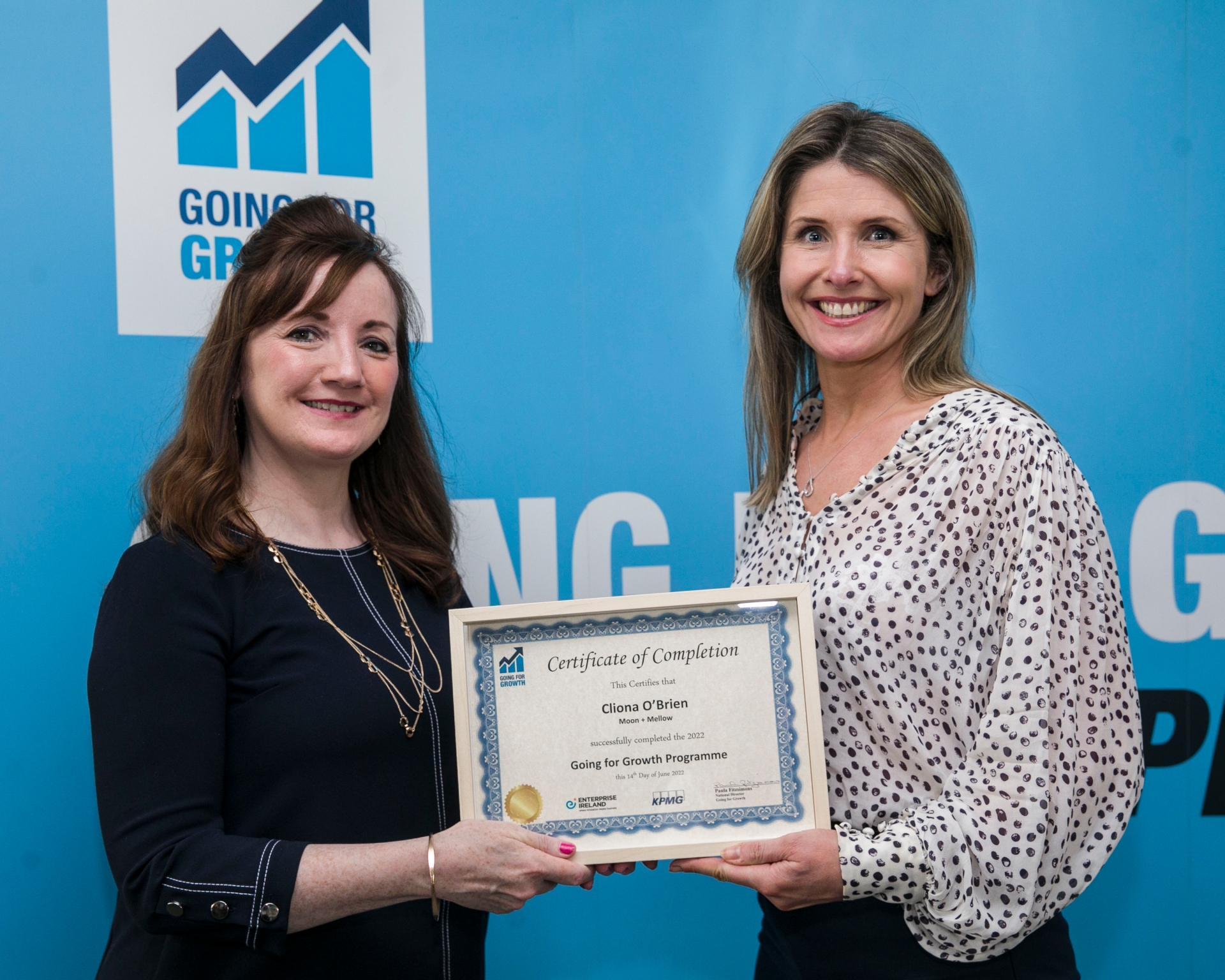 Teri Smith of Enterprise Ireland with former Going for Growth participant Cliona O'Brien of Moon + Mellow. Pic supplied.