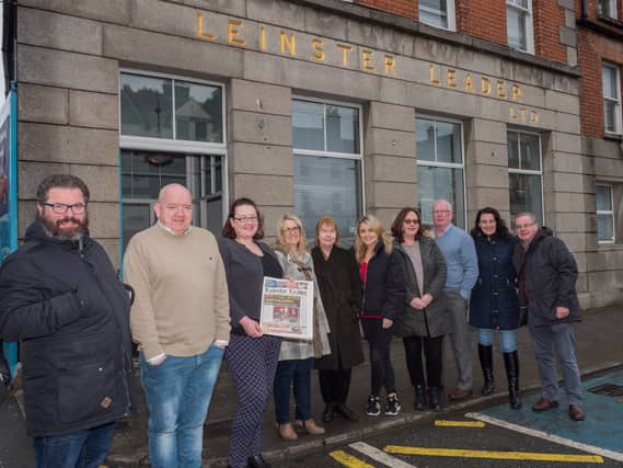 Outgoing Leinster Leader managing editor Laura Coates, third from left, pictured in 2018 outside the old Leader offices on South Main Street Naas