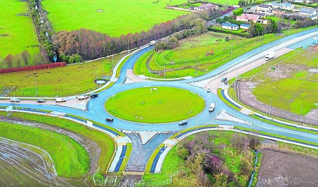 The new roundabout constructed on the R445 at the Lidl Regional Distribution Centre is part of the Newbridge South Orbital Road (NSORR) Image: DBFL Consulting Engineers