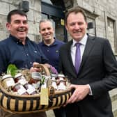 Minister for Agriculture, Food and the Marine Charlie McConalogue TD,  at the launch of the Summer of Food initiative in Monaghan with Val O’Kelly, left, from Subh Fraoc Bán and Adamson’s bar, Clones
