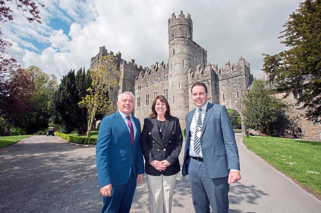 The US Ambassador to Ireland, Claire Cronin with County Kildare Chamber CEO Allan Shine and President, Luke Hanahoe at Kilkea Castle. Photo: Tony Gavin