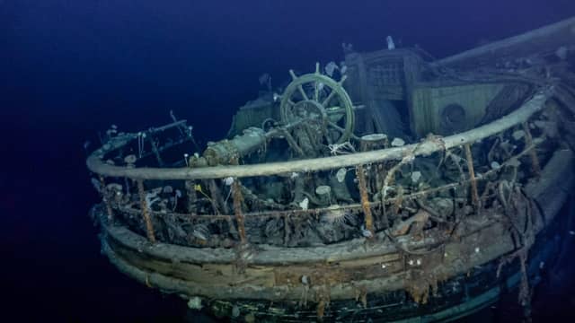 Taffrail and ship’s wheel, aft well deck. Pic: Endurance 22, Falklands Maritime Heritage Trust / National Geographic