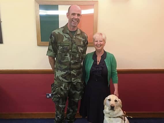 Dermot Early, Kim Kelly and her guide dog Jango