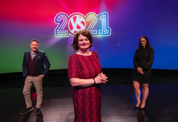 BT Young Scientist & Technology Exhibition head Mari Chalane (centre) and broadcast presenters Aidan Power and Roisin Ní Thomáin