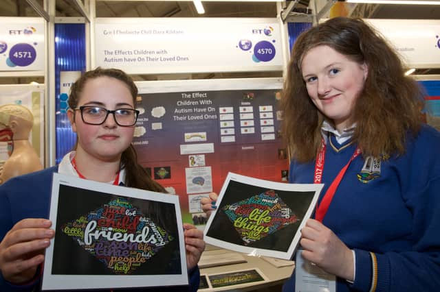 Katie McHugh and Saoirse Duignan of the Gael Choláiste at the BT Young Scientist Exhibition. Photo: Tony Keane