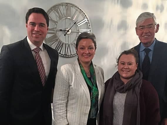 Deputy Martin Heydon is pictured with Offaly TD Marcella Corcoran Kennedy who chaired the convention and his proposer Alan Dukes and seconder Evie Sammon