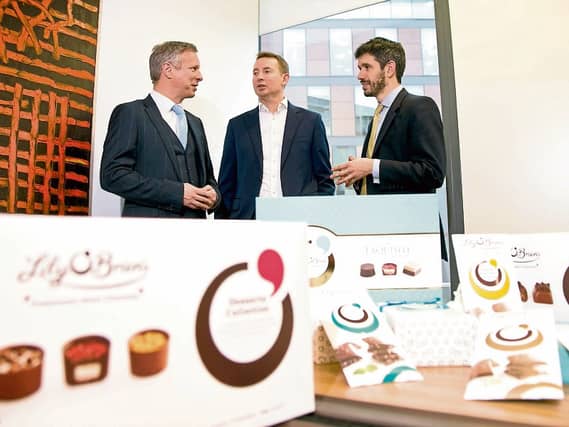 Eoin Donnelly, Managing Director, Lily O'Briens; John Dolan, Managing Director of Private Equity at Cardinal Capital with Lily O'Brien's board member Jonathan Cosgrave, The Carlisle Group