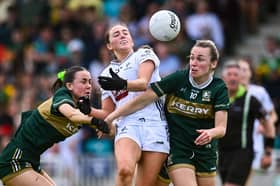 Gillian Wheeler of Kildare in action against Aoife Dillane, left, and Niamh Carmody of Kerry during the TG4 All-Ireland Senior Championship round 2 match between Kildare and Kerry at Cedral St Conleth's Park in Newbridge, Kildare. Photo by Piaras Ó Mídheach/Sportsfile 