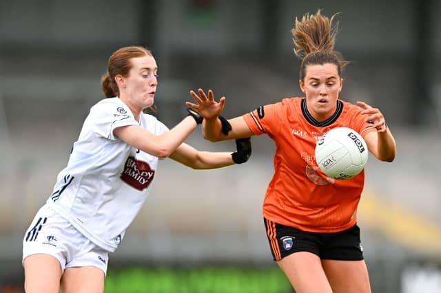 GOALSCORERS: Aimee Mackin of Armagh in action against Alannah Prizeman of Kildare during the LGFA TG4 All-Ireland Senior Championship quarter-final match between Armagh and Kildare at BOX-IT Athletic Grounds in Armagh. Photo by Shauna Clinton/Sportsfile