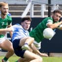 Allenwood forward Joey Cunningham being closed down by Moorefield defenders Liam Healy and Kevin Murnaghan, Photo by Sean Brilly