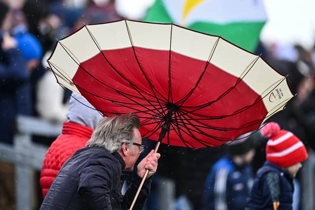 A spectator tries to shield himself with an umbrella from the wind and rain