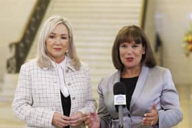 First Minister Michelle O’Neill and Sinn Fein president Mary Lou McDonald respond to questions from the media