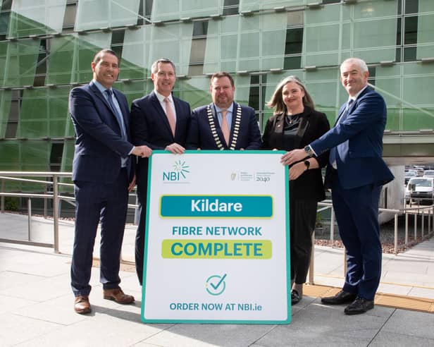 (L-R) Brefne Sweeney, Department of Culture, Communications and Sport; TJ Malone, CEO of NBI; Cllr Tim Durkan, Cathaoirleach / Mayor of Kildare County Council; Sonya Kavanagh, Chief Executive of Kildare County Council; and Tom McCormack, Department of Culture, Communications and Sport at the National Broadband Plan milestone completion event in Kildare.