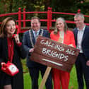Jennifer Zamparelli pictured with Tim Durkan, Cathaoirleach of Kildare, Sonya Kavanagh, the chief executive of Kildare County Council, and Alan Dunney, the director of services at Kildare County Council, at the Japanese Gardens in the Irish National Stud, Kildare, launching Brigid, Spirit of Kildare Festival 2027