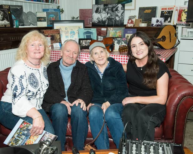 The late Dónal Lunny pictured in Newbridge on September 18 with sisters Roisín Dempsey, Grainne Coffey and his niece Aoise Dempsey