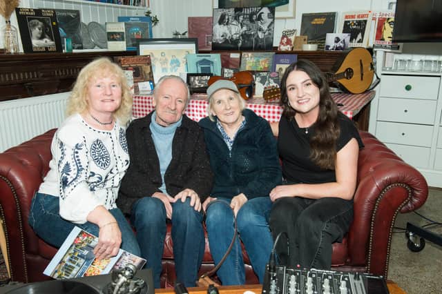 The late Dónal Lunny pictured in Newbridge on September 18 with sisters Roisín Dempsey, Grainne Coffey and his niece Aoise Dempsey