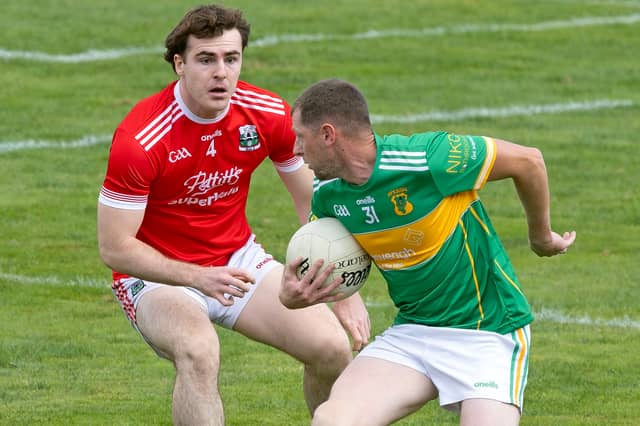 Kilcock forward Shane O'Rourke in Kildare SFC Group C action against Michael Spillane of Athy