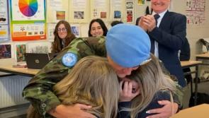 WATCH: Heartwarming moment for Kildare student as she gets surprised by returning soldier mam