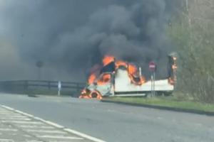 BREAKING: Dramatic scenes as Kildare firefighters tackle van fire near motorway