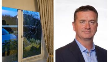 Cllr Bill Clear and the smashed window at his home 