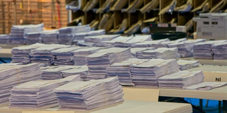 Stacks of General Election ballot papers at the Kildare Count Centre in Punchestown (Photo: Tony Keane)