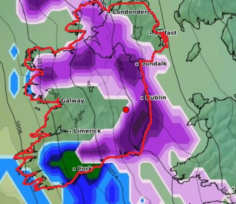 Kildare and East to get brunt of Thursday's snow, according to latest weather charts 