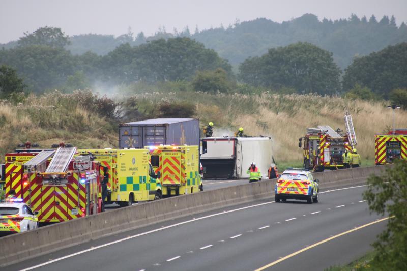 Lorry overturns and catches fire on Kildare motorway