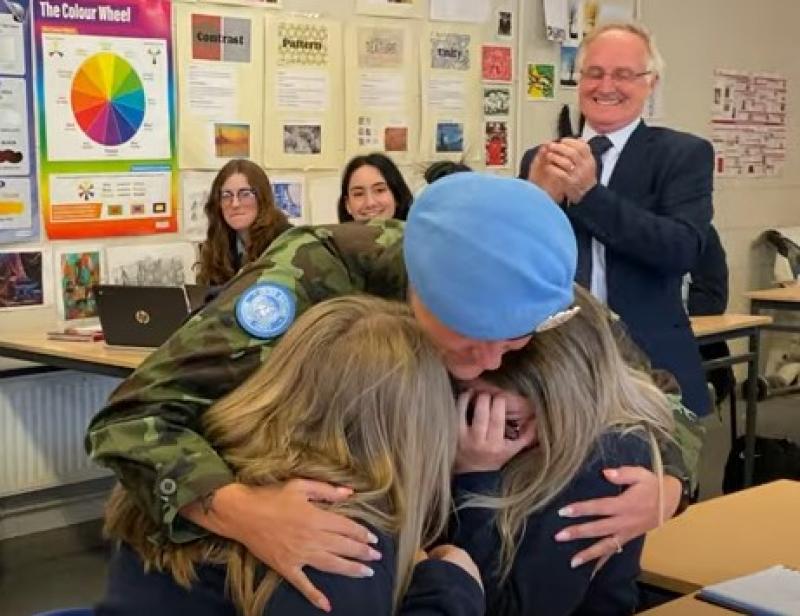 WATCH: Heartwarming moment for Kildare student as she gets surprised by returning soldier mam
